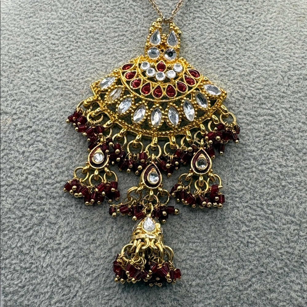 Elegant Gold Plated Indian Rhinestone Red Chandelier Necklace - Picture 3 of 5